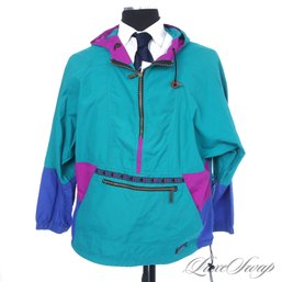 VINTAGE 1990S MENS LL BEAN ICONIC TEAL AND PURPLE COLORBLOCK 1/2 ZIP ANORAK JACKET FITS LIKE L/XL