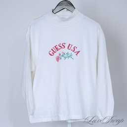 VINTAGE 1980S MOST WANTED GUESS MADE IN USA WHITE PINK 'GUESS USA' FLORAL EMBROIDERED WOMENS SWEATER L