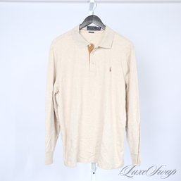 NEAR MINT AND SUPER RECENT MENS POLO RALPH LAUREN OATMEAL MARLED LONG SLEEVE POLO SHIRT W/SUEDED TRIM L