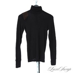 WINTER PERFECT WOMENS RUGBY RALPH LAUREN BLACK TURTLENECK SWEATER WITH BROWN SUEDE SHOOTING PATCH M