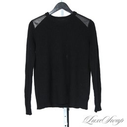 MEGA EXPENSIVE RALPH LAUREN BLACK LABEL CASHMERE SILK ANGORA BLEND LEATHER PATCH RIBBED WOMENS SWEATER M