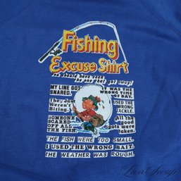 REAL DEAL VINTAGE 1980S ROYAL BLUE FISHING EXCUSES MENS SWEATSHIRT - NEAR MINT FITS ABOUT A S/M