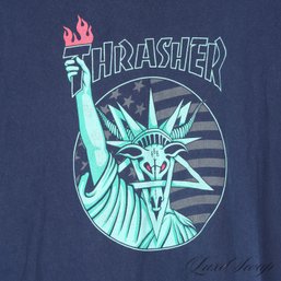 NEO VINTAGE Y2K 2000S THRASHER SKATEBOARDS 666 DEVIL STATUE OF LIBERTY PRINT GRAPHIC TEE SHIRT XL