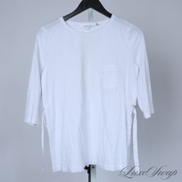 RARE RARE RARE HELMUT LANG WHITE 'BONDAGE' STRAPS MADE IN USA EXTENDED SLEEVE WOMENS TEE SHIRT L