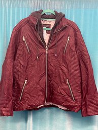 YMI Vegan Leather Burgundy With Grey Hooded Lined Jacket Size 3XL