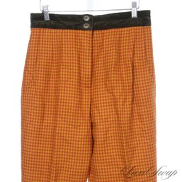 HIGH INTENSITY VINTAGE LAUREL MADE IN WEST GERMANY ORANGE AND OCHRE HOUNDSTOOTH TWEED VELVET BAND PANTS 40 EU