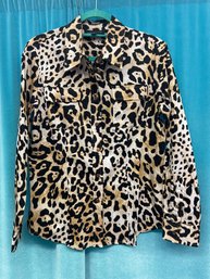 Jones New York Signature Beige And Black Leopard Print Snap  Button Shirt Size M