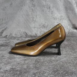#19 BRAND NEW WITHOUT BOX STUART WEITZMAN OLIVE INFUSED COPPER PATENT LEATHER SLICE HEEL SHOES 9