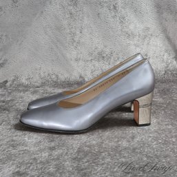 #24 NEAR MINT 1X WORN $600 PLUS SALVATORE FERRAGAMO PLATINUM PEWTER LEATHER SILVER HEEL SHOES 9 AA