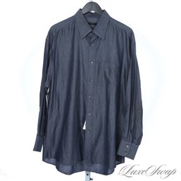 GUCCI MADE IN ITALY BLUED GREY SHIMMER MICRO HERRINGBONE MENS SHIRT 17.5