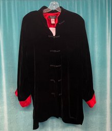 Vintage Nira Nira New York Mandarin Black Velvet Jacket With Red Silk Lining Size L