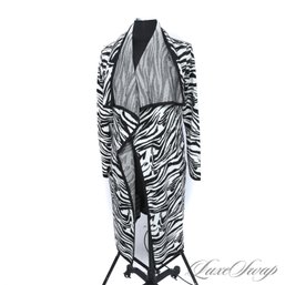 THIS IS FANTASTIC! 7TH AVENUE DESIGN STUDIO BLACK AND WHITE ZEBRA PRINT LONG RUFFLED CARDIGAN S/M