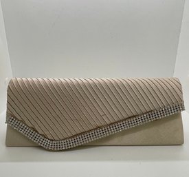 Vintage Champagne Satin Pleated Clutch Bag With Crystal Border Trim