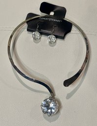 New With Tags Ashley Stewart  Silver Crystal Tear Drop Choker With Matching  Earrings