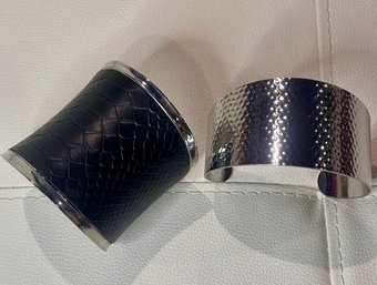 *** Lot X 2 Silver Bracelet Cuffs Solid Silver Tone And One Black Silver To E With Black Snake Skin Print