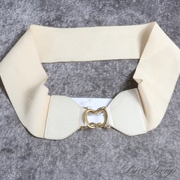 VINTAGE 1960S OFF WHITE IVORY ACE BANDAGE EFFECT STRETCH FABRIC BELT WITH LEATHER TRIM AND GOLD BUCKLE