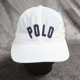 THE ONE EVERYONE WANTS! MENS POLO RALPH LAUREN WHITE MICROFIBER NAVY SPELLOUT LOGO BASEBALL HAT