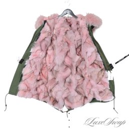 THE STAR OF THE SHOW! MINT AND MODERN GREEN CANVAS ARMY PARKA COAT WITH PINK GENUINE FOX FUR LINER / HOOD S