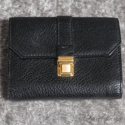 NEAR MINT AND BEAUTIFUL MIU MIU BY PRADA MADE IN ITALY BLACK TUMBLED LEATHER SMALL WALLET WITH GOLD CLASP