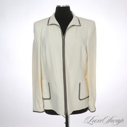 HAPPY 4TH OF JULY ALL! AKRIS MADE IN SWITZERLAND WHITE COTTON ZIP JACKET WITH TRUFFLE TRIM 14