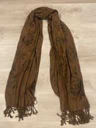 New Without Tags Anonymous Pashmina Long Tobacco Brown With Black Floral Print Scarf Wrap