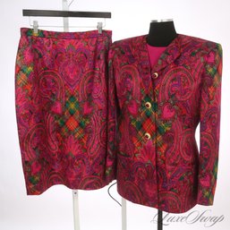 OUT OF THIS WORLD NEAR MINT VINTAGE CARLISLE SILK BLEND PINK / MULTI GLITTER INFUSED TARTAN PAISLEY SUIT 10