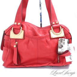 #1 BRAND NEW WITH TAGS B. MAKOWSKY CORAL RED SOFT TUMBLED LEATHER GOLD HARDWARE HOBO BAG