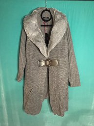 New With Tags Midnight Velvet Buckled Grey Knit Cardigan Sweater With Faux Fur Collar 3XL