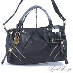 #4 BRAND NEW WITH TAGS B. MAKOWSKY BLACK SOFT TUMBLED LEATHER MULTI ZIPPER MOTORCYCLE SATCHEL LARGE BAG