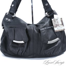 #6 BRAND NEW WITH TAGS B. MAKOWSKY BLACK SOFT TUMBLED LEATHER LARGE DOUBLE POCKET HOBO BAG