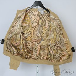 AN EXCEPTIONAL HIGH QUALITY CARLISLE MUTED YELLOW BUBBLE KNIT CARDIGAN WITH PURE SILK SCARF PRINT LINER M