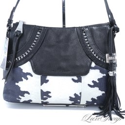 #8 BRAND NEW WITH TAGS AIMEE KESTENBERG BLACK LEATHER COW PRINT SILVER CHAIN SHOULDER BAG