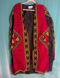 New Without Tags Nishkami Cotton African Dashiki Red Yellow Black Print Vest Jacket XXL