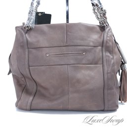 #10 BRAND NEW WITH TAGS B. MAKOWSKY GREIGE BROWNISH GREY SOFT TUMBLED LEATHER LARGE SHOULDER BAG