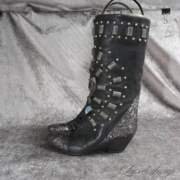 #9 INSANELY GOOD EL VAQUERO ITALY BLACK LEATHER SILVER WASHED ALLIGATOR PRINT ORNATE STUDDED COWBOY BOOTS