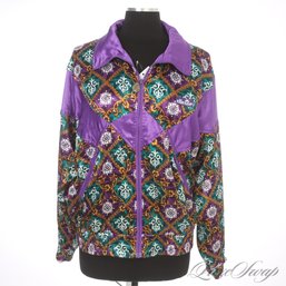 INSANELY GOOD VINTAGE ELLESSE 1990S PURPLE GOLD AND TEAL SATIN NEOCLASSIC MOSAIC TRACK JACKET 12