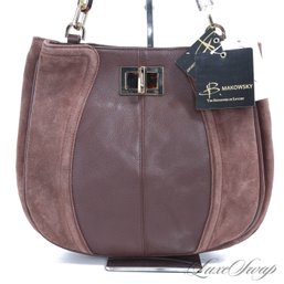 #12 BRAND NEW WITH TAGS B. MAKOWSKY SOFT TUMBLED LEATHER CHOCOLATE BROWN TURNLOCK GOLD CHAIN LARGE BAG