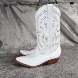 #10 SO GOOD! GIANNI MADE IN CHILE PURE WHITE LEATHER SILVER /GOLD WHIPSTITCH EMBROIDERED WOMENS COWBOY BOOTS 7