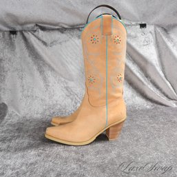 #11 NEAR MINT 1X WORN AWESOME FRANCO SARTO CAMEL TAN LEATHER TURQUOISE TRIMMED WOMENS COWBOY BOOTS 6