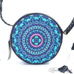 #13 BRAND NEW WITH TAGS ORYANY HIGHLY ORNATE BLACK LAGOON GREEN MULTI EMBROIDERED ROUND CROSSBODY BAG