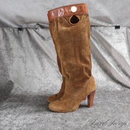 #12 THESE ARE GREAT : MICHAEL KORS MINK BROWN SUEDE SADDLE LEATHER TRIMMED SIDE ZIP TALL BOOTS 6.5