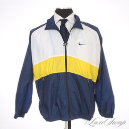 FANTASTIC VINTAGE MENS NIKE 'WHITE TAG' 1990S NAVY / WHITE / YELLOW COLORBLOCK FULL ZIP WIND JACKET XL