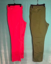 Lot X 2 New With Tags Ashley Stewart Stretch Jeans Strawberry Red And Olive Green Pants Size 24