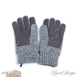 BRAND NEW WITH TAGS MENS J.CREW UR POWERED GREY MARLED LEATHER PALM WINTER GLOVES SOFT FLEECE LINED L/XL