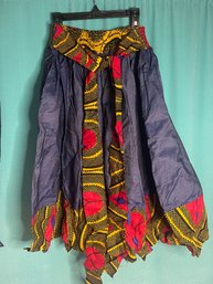 New Without Tags Denim Blue Color With Red And Yellow Detail Elastic Full Skirt With Matching Scarf
