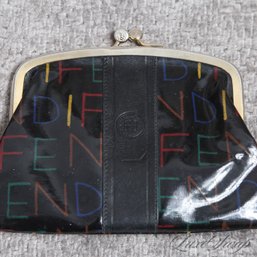 CRAZY COOL VINTAGE AUTHENTIC FENDI MADE IN ITALY BLACK PATENT AND LEATHER RAINBOW MONOGRAM COIN BAG