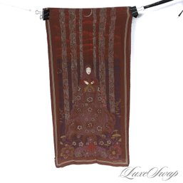A VERY SCARCE VINTAGE BOTTEGA BROWN CHIFFON HAND ROLLED OBLONG SCARF WITH GODDESS DETAIL