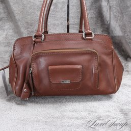 #23 AN INCREDIBLE AND VERY EXPENSIVE TODS MADE IN ITALY CHOCOLATE BROWN SOLID LEATHER SATCHEL LARGE BAG