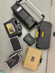 LOT OF 7 STORAGE CASES AND BOXES INCLUDING DEWALT AND APACHE PISTOL