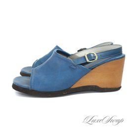 #1 KILLER VINTAGE 1970S 19880S ES ORIGINALS SMURF BLUE WEDGE SOLE SLINGBACK SHOES 10-10.5